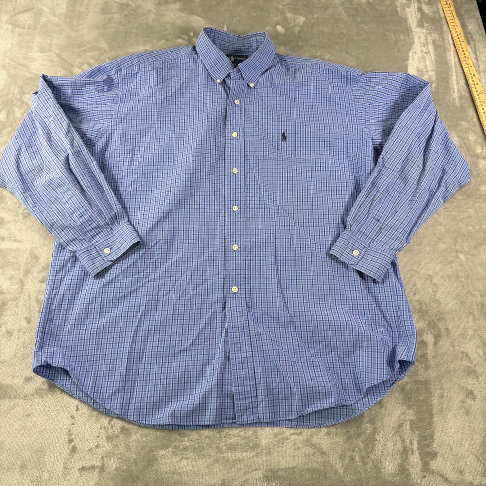 Ralph Lauren Blake Mens XL Blue Plaid Two-Ply Cotton Button Down Shirt Pony Logo